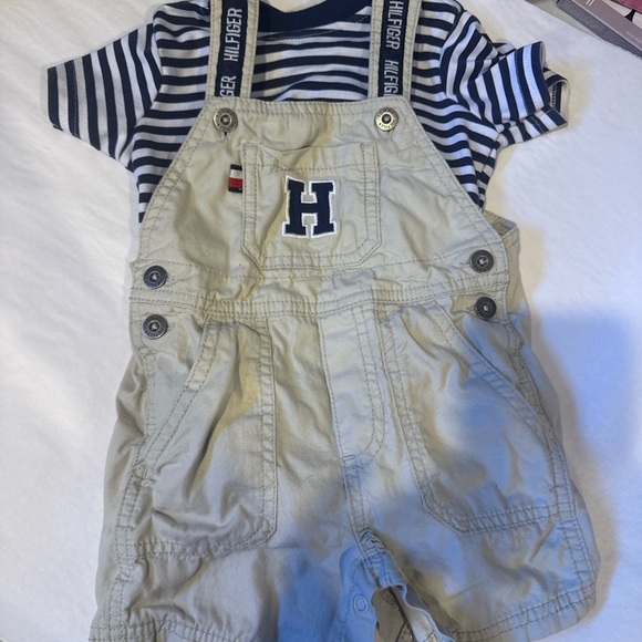 Tommy Hilfiger Kids Tan Overalls with Navy Striped Shirt - Picture 2 of 3